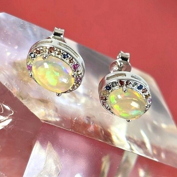 925 Sterling Silver Earrings with Natural White Opal 9x7mm & Sapphire Gemstone - Picture 6 of 6